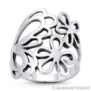 Butterfly & Flower Wide Charm Statement Ring in .925 Sterling Silver - Size 5